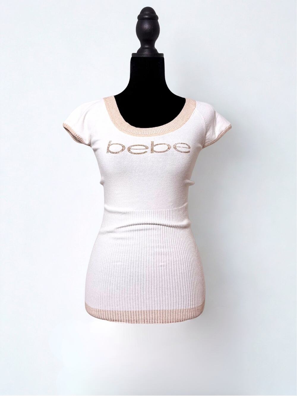Vtg Y2K Bebe White Soft Knit Top with Gold Stud Logo and Details Size M